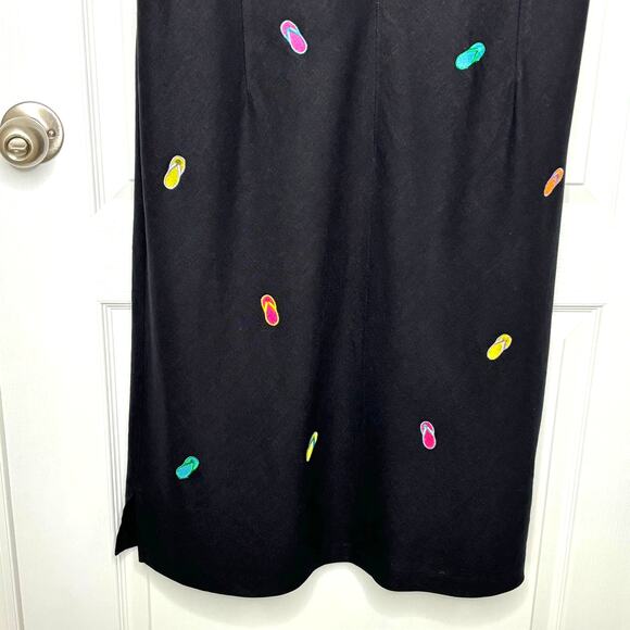Megan Lee Wms 22W Vintage Black Linen Blend Embroidered Flip Flops Midi Dress - Picture 6 of 10
